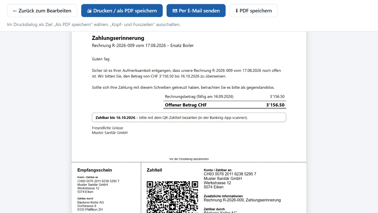 Mahnung mit QR-Zahlteil in Offactura