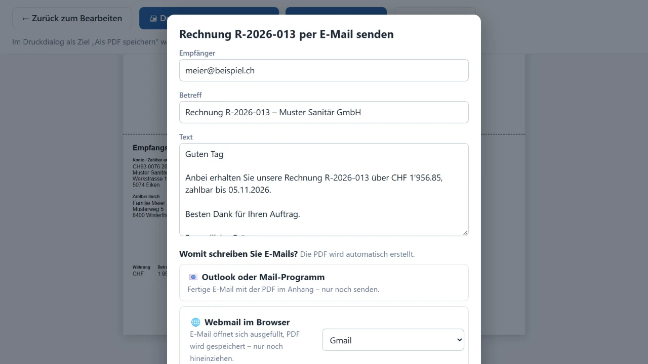 E-Mail-Versand mit vorbereitetem Text in Offactura