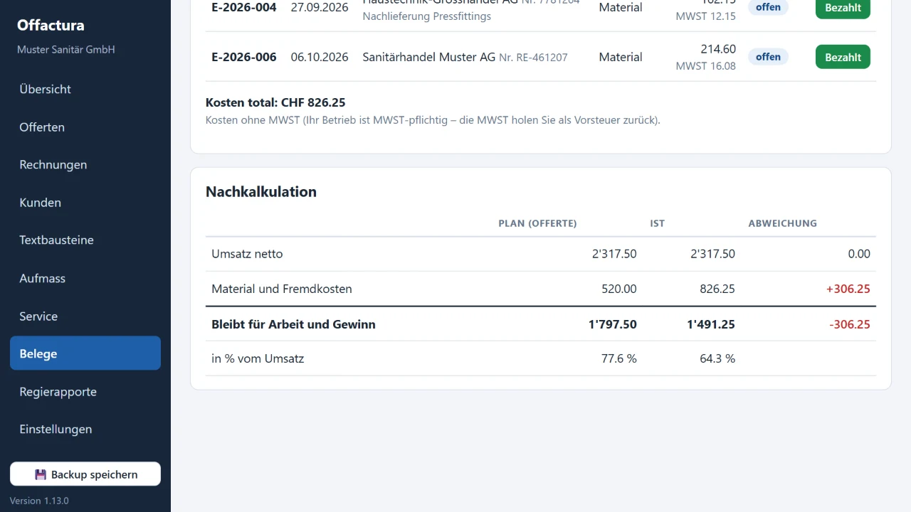 Kosten pro Auftrag und Nachkalkulation in Offactura Einkaufina