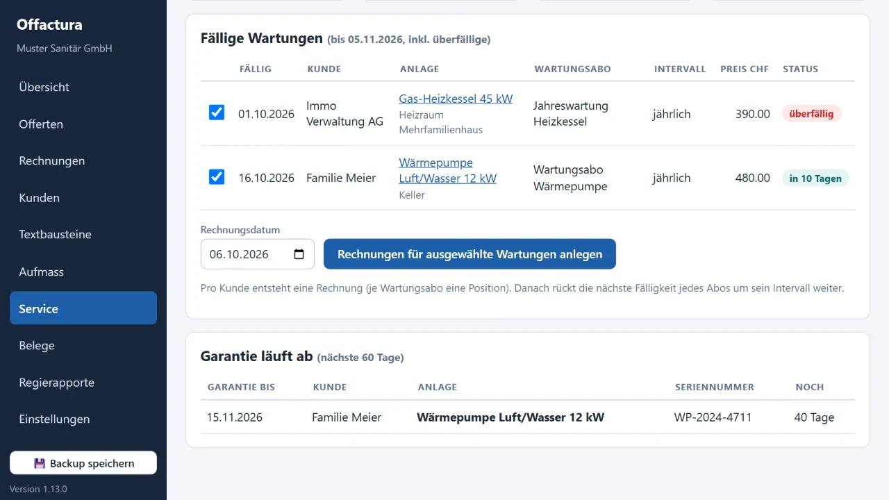 Fällige Wartungen und Serienrechnungen in Offactura Servica