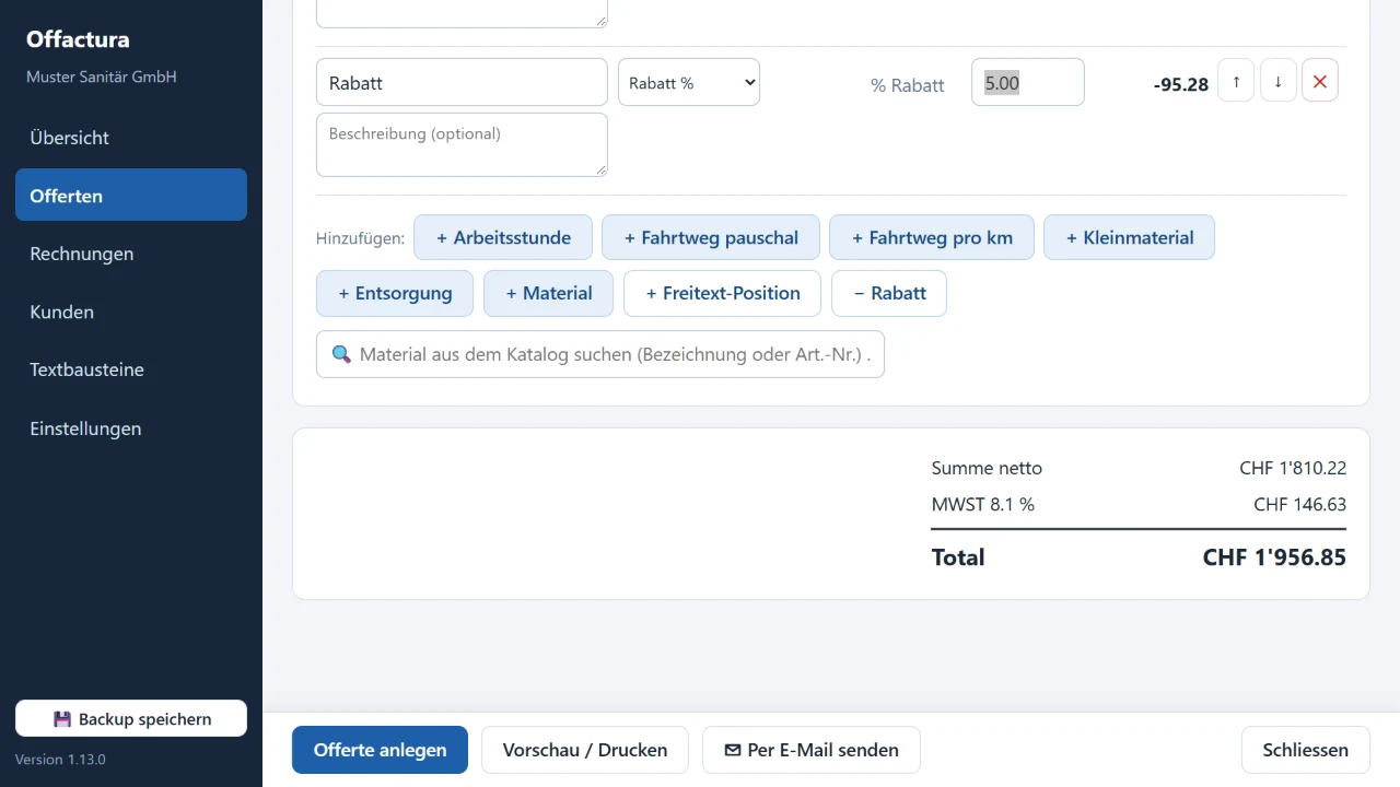 Offerte erstellen mit Textbausteinen in Offactura
